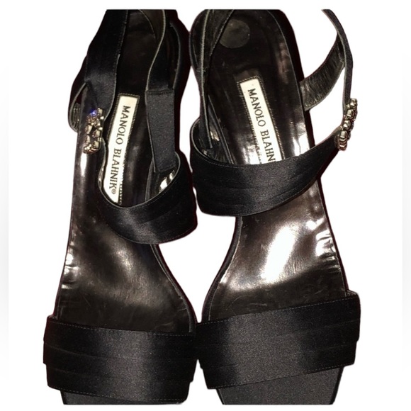 Manila Bkanik  size 10 black satin heels ankle strap with rhinestones 3” heel - Picture 5 of 15